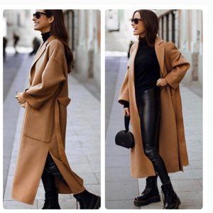 Zara Belted Coat w/ Pockets Camel Color sz M